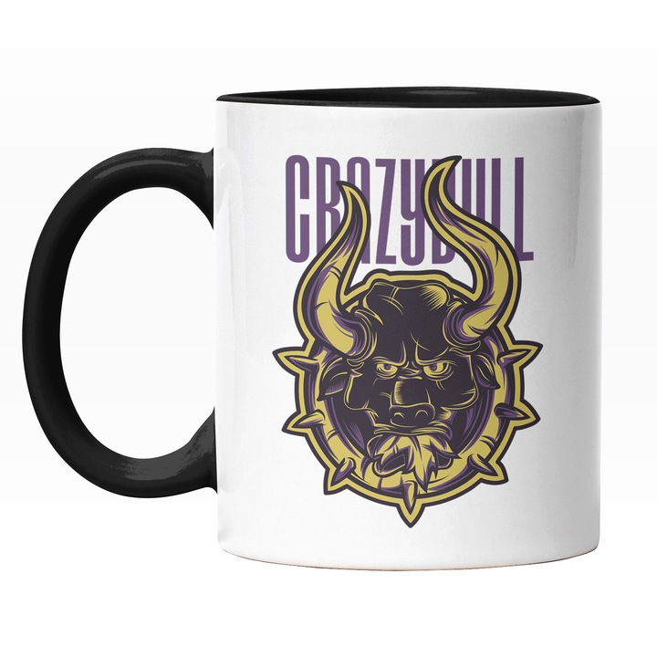 Cana Cu Portret Taur Nervos Cu Coarne Lungi, Text In Engleza Crazy Bull, Ilustratie, Unica, Creativitate, 330 ml