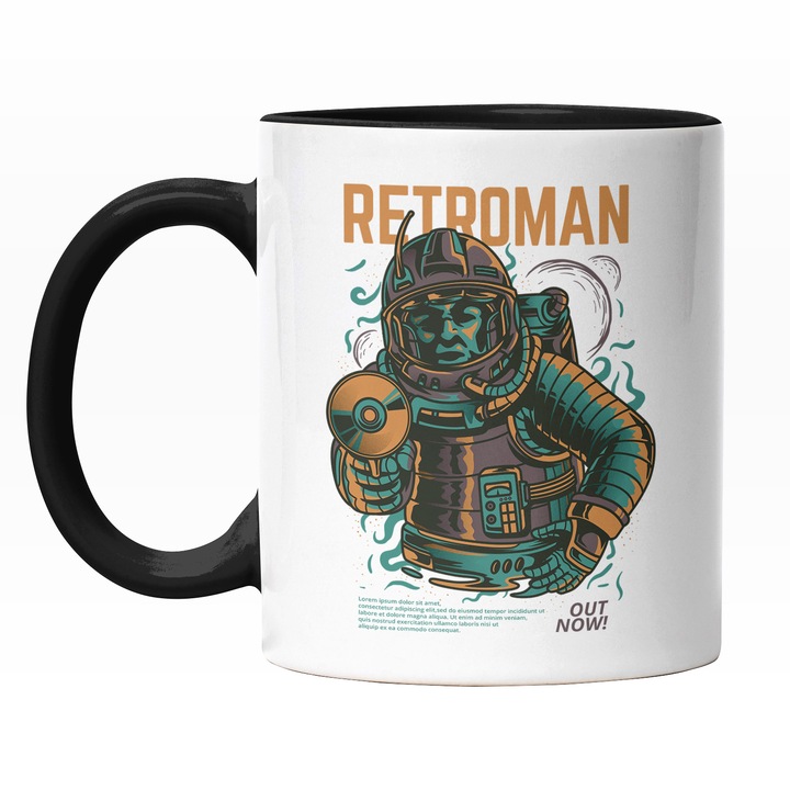 Cana Cu Text In Engleza RetroMan, Barbat IN Costum De astronaut, Invartind Un CD Pe Deget, Iubitorii De Mesaje Haioas, 330 ml