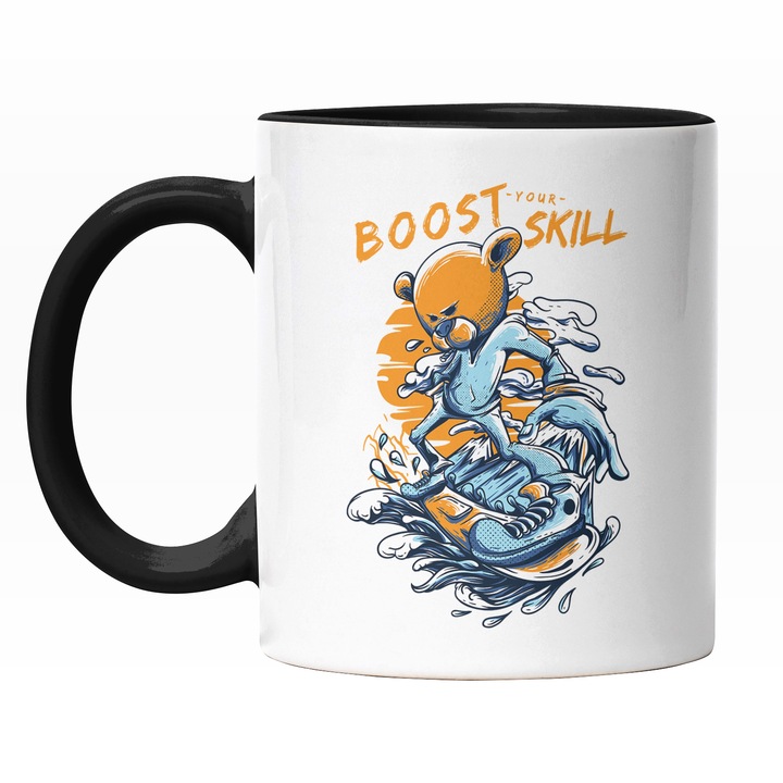 Cana Cu Urs Brun Maro Pufos In Costum De Surf PE Placa DE Surf, Text In Engleza Bost Your Skill, Ilustratie, Unica, Creativitate, 330 ml