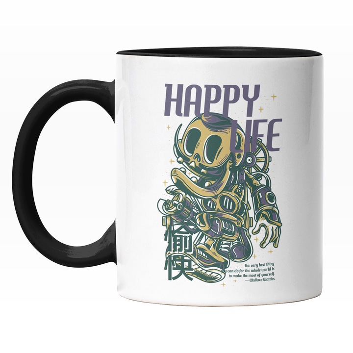 Cana Cu Robot Cu Chip Zambitor, Text Mov In Engleza Happy Life, Artwork, Ilustratie, Unica, Creativitate, 330 ml