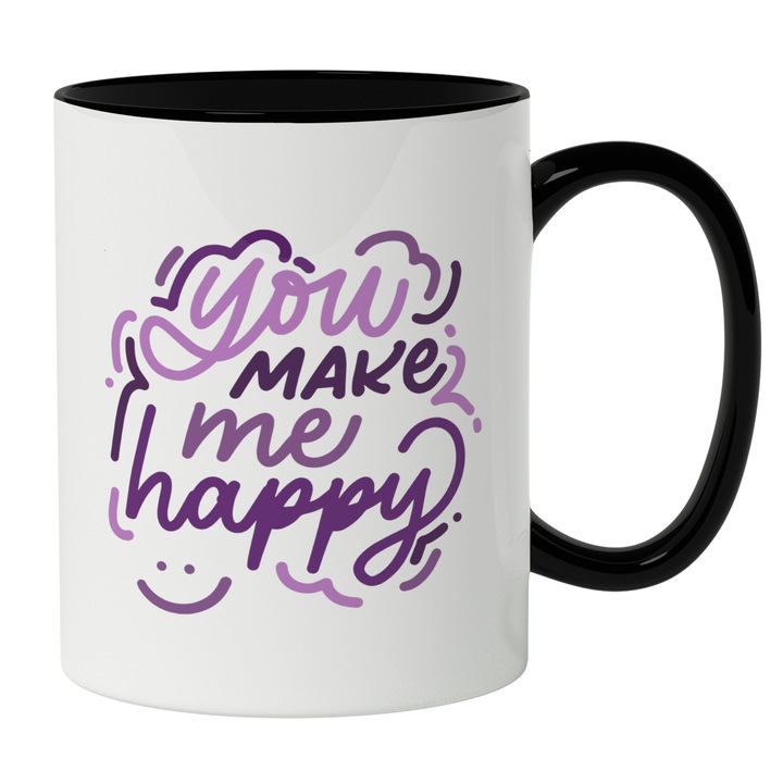 Cana Cu Text Romantic In Engleza You Make Me happy, Jumatatea Mea, Cadou Valentine's day, Ilustratie, Unica, Creativitate, 330 ml