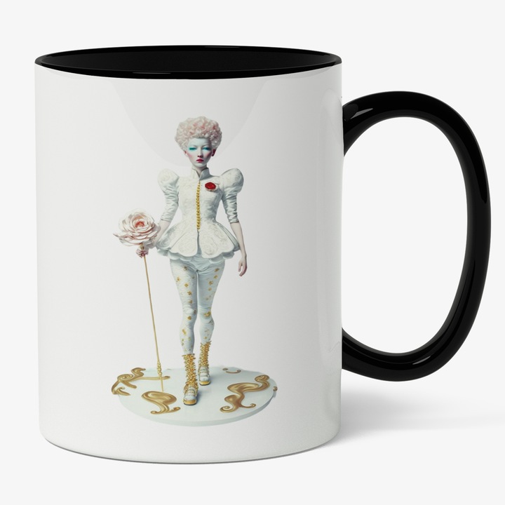 Cana Cu Portret Personaj Desene Animate Femeie Tinuta Regala Full White Cu Pete aurii, Pantaloni Si Bluza Cu Umeri Bufanti, Fata Palida, 330 ml