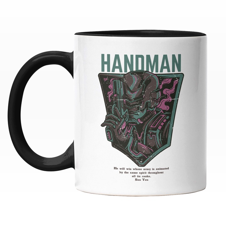 Cana Cu Portret Razboinic In armura DE Soldat Din Metal, Pistol, Text In Engleza Handman, Ilustratie, Unica, Creativitate, 330 ml