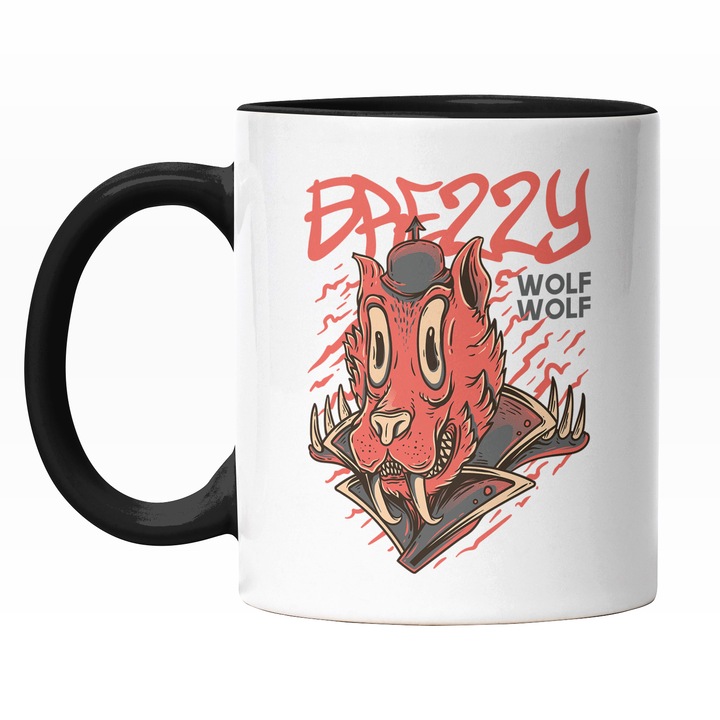 Cana Cu Portret Caine Lup Cu Palarie Si Palton Elegant, Text In Engleza Brezzy Wol Wolf, Ilustratie, Unica, Creativitate, 330 ml