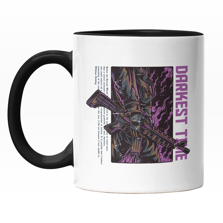 Cana Cu Soldat Armata Razboinic Cu arma Mitraliera In Mana, Text In Engleza Darkest Time, Ilustratie, Unica, Creativitate, 330 ml