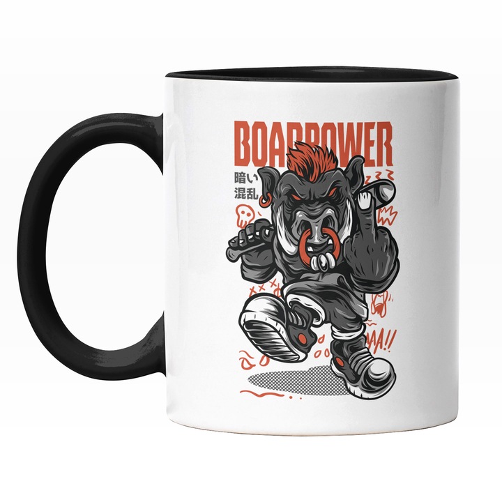 Cana Cu Taur Nervos Aratand Semn Indecent Cu Bata De baseball Si Creasta Rosie, Text In Engleza Boarpower, Ilustratie, Unica, Creativitate, 330 ml