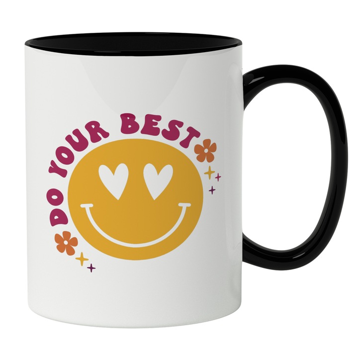 Cana Cu Smiley Face Galben, Inimi Ochii, Text In Engleza Do Your Best, Mesaj Motivational, Iubitorii De Good Vibes, 330 ml