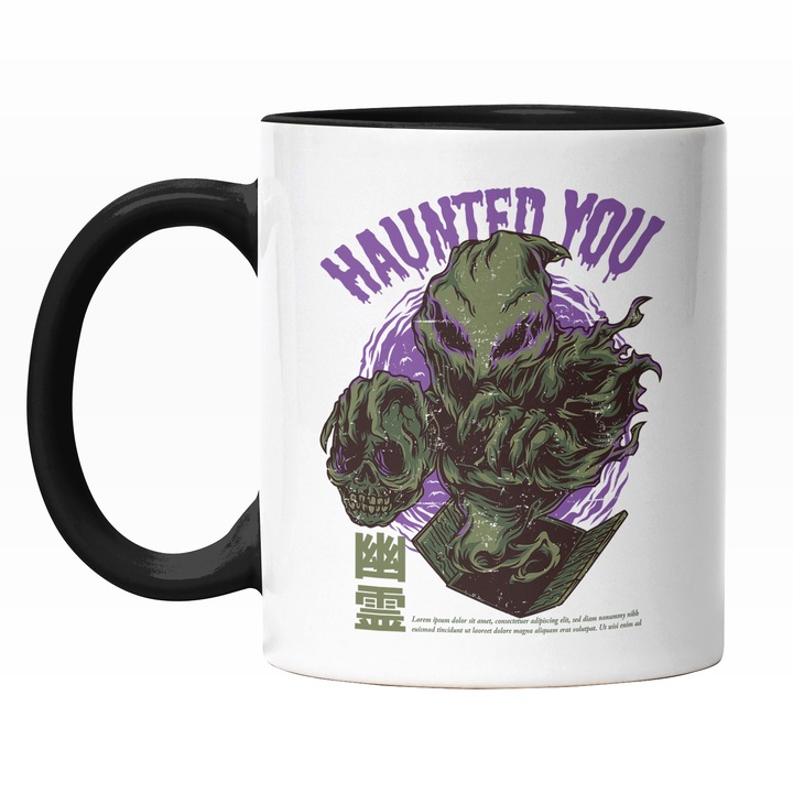 Cana Cu Monstru Cu Un Craniu Uman In Mana, Text In Engleza Haunted You, Artwork, Ilustratie, Unica, Creativitate, 330 ml