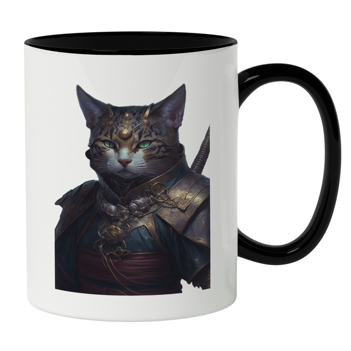 Cana Cu Portret Pisica Stil Ninja Cu Sabie, Armura De Aur, Desene Anime, Asasin, Iubitorii De Pisici Si Motani, 330 ml