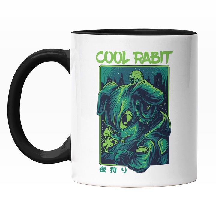 Cana Cu Portret Iepure Cu Tigara In Mana, Univers Necunoscut, Text In Engleza Cool Rabit, Ilustratie, Unica, Creativitate, 330 ml