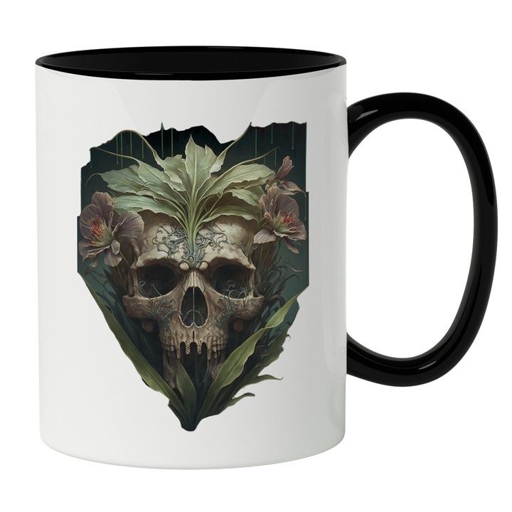 Cana Cu Craniu Uman Taiat Curgator In Natura, Desen Stil Hena Pe Frunte, Flori Colorate, Filme Horror 330 ml