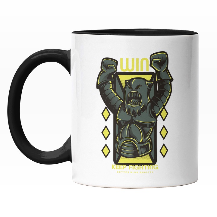 Cana Cu Animal Castigator Cu Bratele In aer, Manusi De Box, Text Galben Wio, Iubitorii De Pisici Si Motani, 330 ml