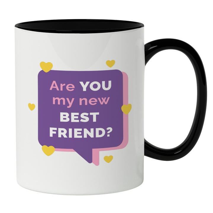 Cana Cu Text Colorat Are You MY New Best Friend?, Inimoare Galbene, Chat Box, Bffs, Iubitorii De Relatii, 330 ml