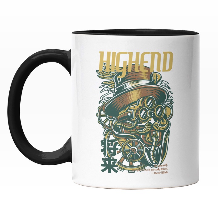 Cana Cu Masinarie Cu Palarie Inalta Si Mustata, Text In Engleza Highend, Artwork, Ilustratie, Unica, Creativitate, 330 ml