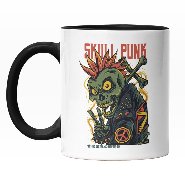 Cana Cu Portret Personaj Schelete Craniu Om Cu Creasta Rosie Si Geaca De Piele, Text In Engleza Skill Punk, Text Chineza, Iubitorii De Filme Horror, 330 ml