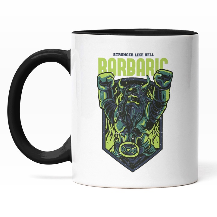 Cana Cu Barbat Viking Cu Mainile Sus In Aer Victorie, Text In Engleza Stronger Like Hell Barbaric, Ilustratie, Unica, Creativitate, 330 ml