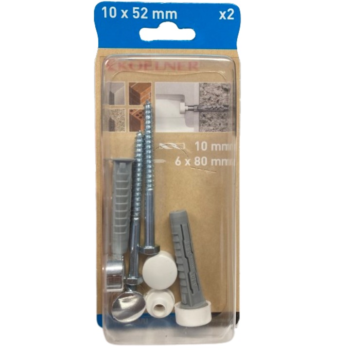 Koelner Wc rögzítő készlet, fehér, 10 x 52 mm, 2 db-os (csavar 6 x 80 mm-es)