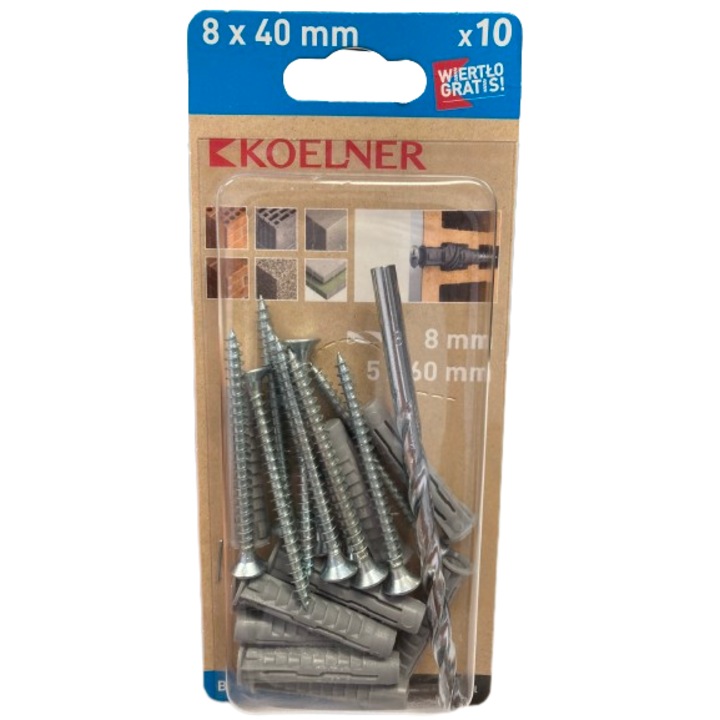 Koelner univerzális dűbel, süllyesztett fejű csavarral, 8 x 40 mm, 10 db-os + fúrószár