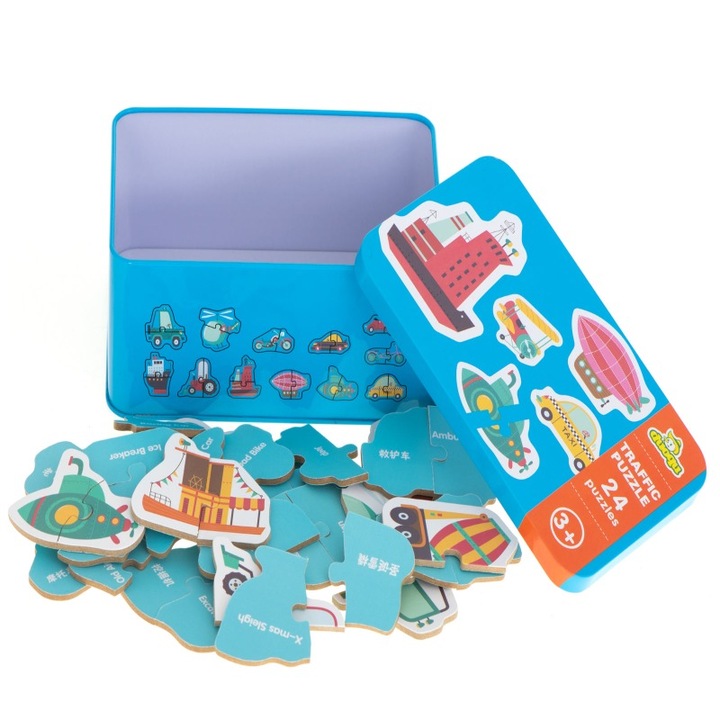 24 részes fa puzzle, járműazonosító, fém tárolódoboz, 5,5 x 6 cm-es darab, többszínű