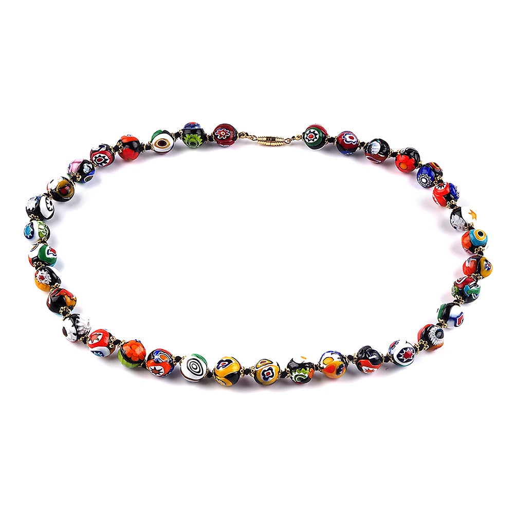 Colier MOSAICO MED negru cu murine multicolore din sticla de Murano, 57 cm, Bijuterii Original Murano