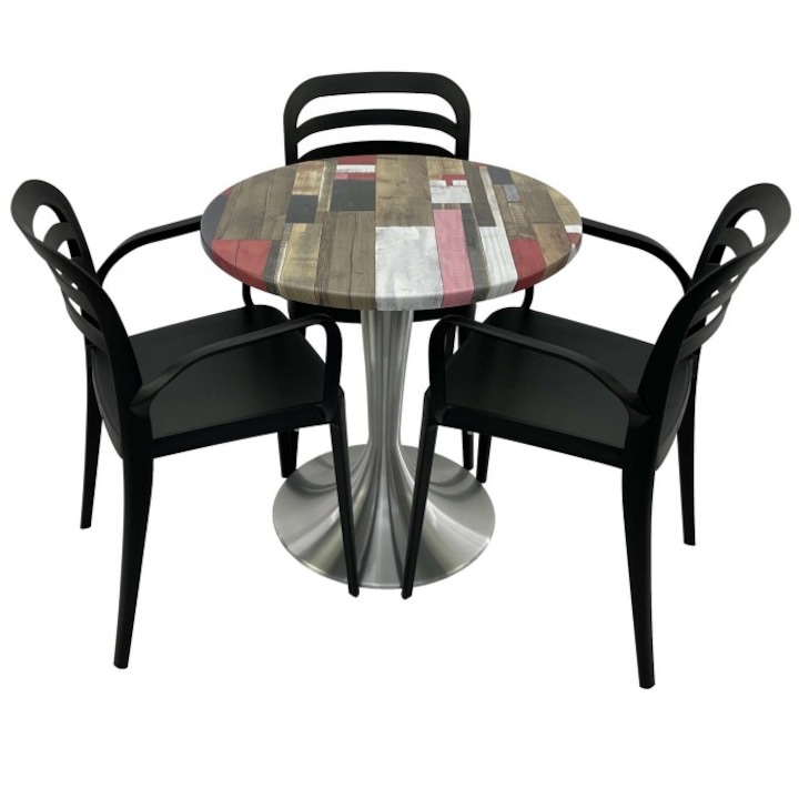 Set mobila de terasa restaurant Raki Redden Wood masa rotunda 70cm cu blat werzalit si baza aluminiu,3 scaune ASPENDOS cu brate negre