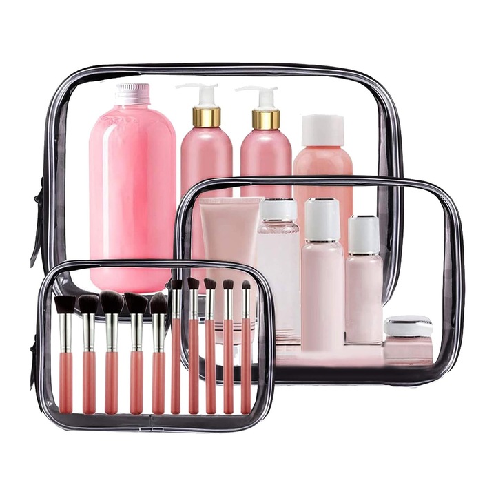 Set 3 genti cosmetice, zggzerg, cu fermoar, portabile impermeabile, pentru biroul de acasa de calatorie Make up Brushes Storage, Dimensiuni diferite, Transparent/Negru