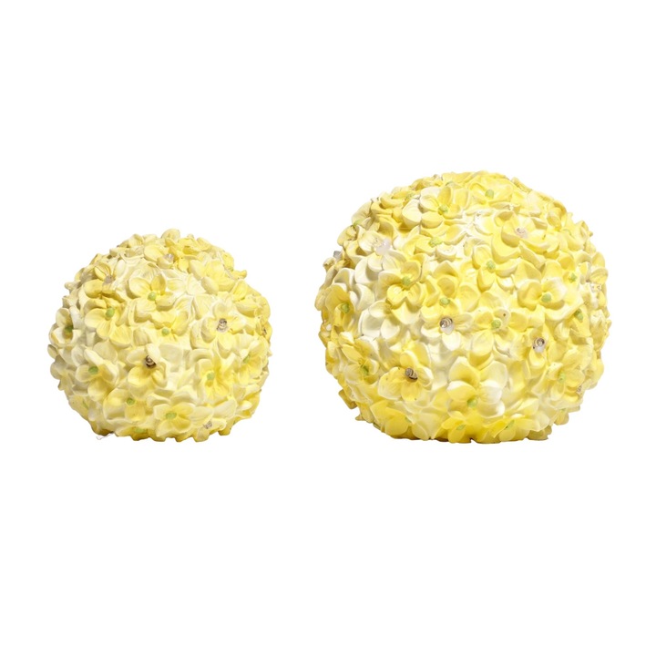 Set 2 sfere ornamentale, Polirasina, Model flori, Iluminare LED, 2 x AA, 12/15 cm, Galben