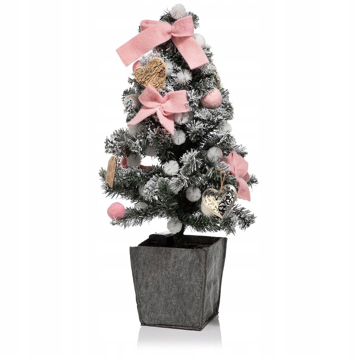 Pom de Craciun cu lumini festive, 2 baterii, 50 leduri, Alb cald, 80 cm, Ghiveci plasa 20 x 20 cm, Roz