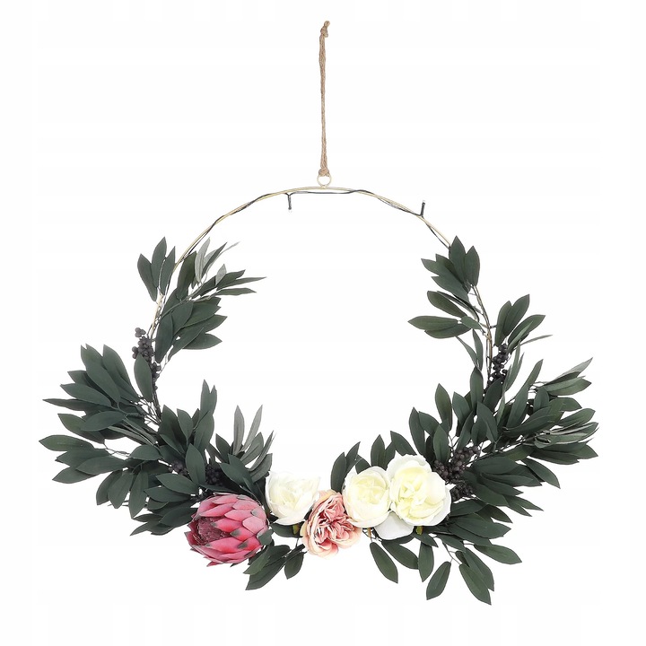 Coroana decorativa cu flori artificiale, Lumini LED, 60x15 cm, Multicolor