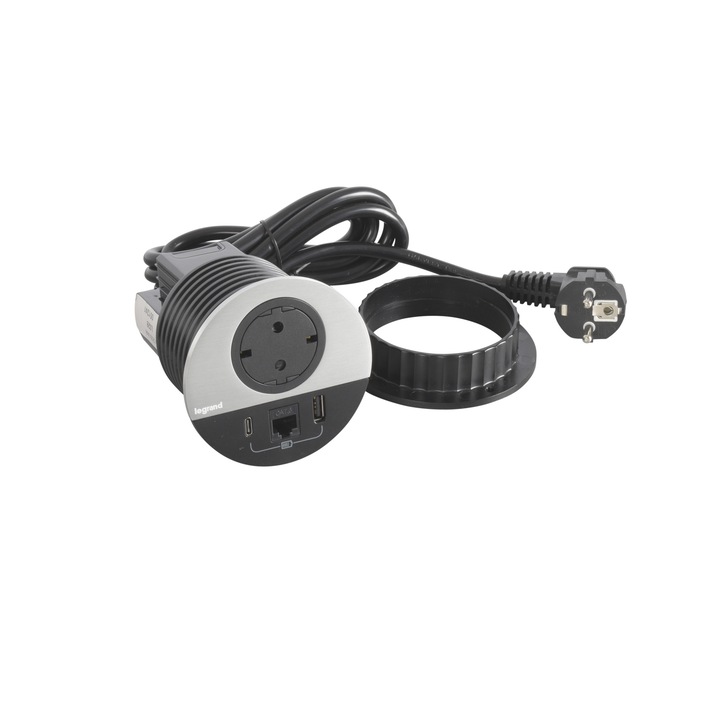 Гнездо за вграждане Incara Disq 80 с 2P+T гнездо, USB A+C, RJ45 cat6 UTP черен, метално покритие, 2m кабел Legrand