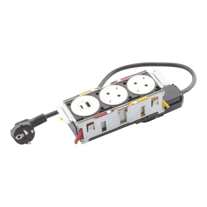 3-позиционен контакт Incara Disq'In, с 2x 2P+T контакт, 1x USB A+C бял, 2m кабел, без завършваща плоча Legrand