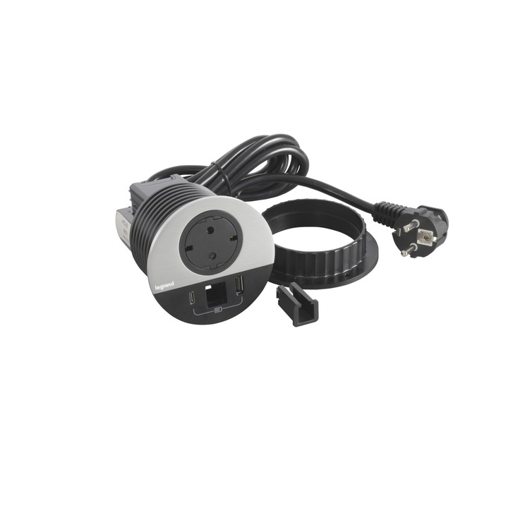 Вградена розетка Incara Disq 80 с 2P+T гнездо, USB A+C, черен кабелен изход, метално покритие, 2m кабел Legrand
