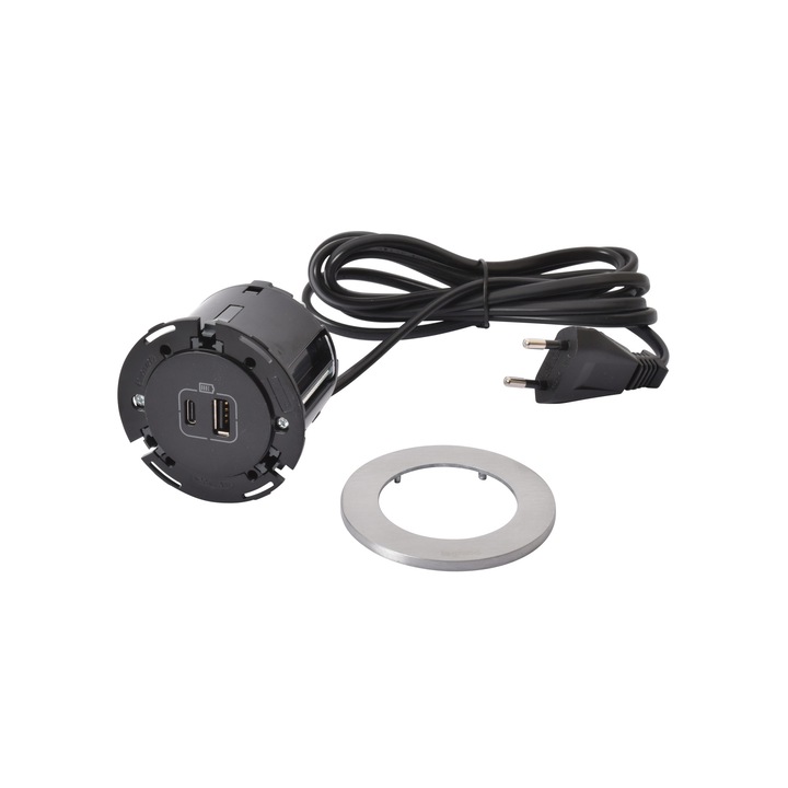 Priza incorporabila Incara Disq 60 cu USB A+C de 15 W negru, finisaj metal, cablu 2m Legrand