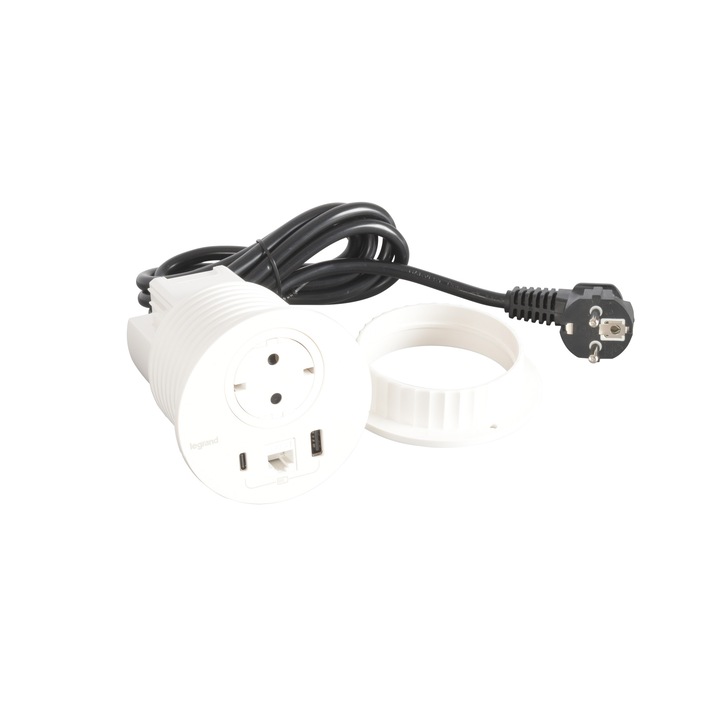 Гнездо за вграждане Incara Disq 80 с 2P+T гнездо, USB A+C, RJ45 cat6 UTP бяло, бяло покритие, 2m Legrand кабел