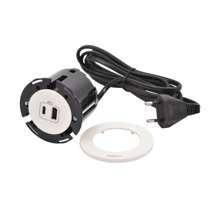 Incara Disq 60 гнездо за вграждане с USB A+C 15 W бяло, бяло покритие, 2 м кабел Legrand