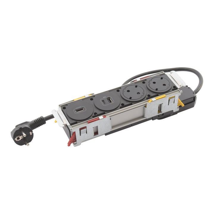 4-позиционен контакт Incara Disq'In, с 2x 2P+T контакт, 1x HDMI, 1x USB A+C черен, 2m кабел, без завършваща плоча Legrand
