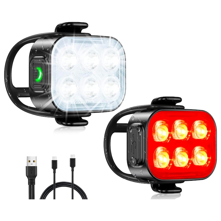 Elindor kerékpárlámpa készlet 6 LED-es, első/hátsó lámpa, USB újratölthető 500mAh akkumulátorral, 4 világítási mód, vízálló IPX65, ultravékony kialakítás, fehér/piros