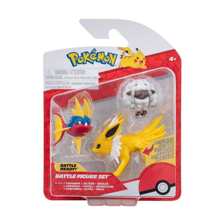 Set de 3 figurine de actiune Pokemon, Wooloo, Carvanha, Jolteon, 5 cm