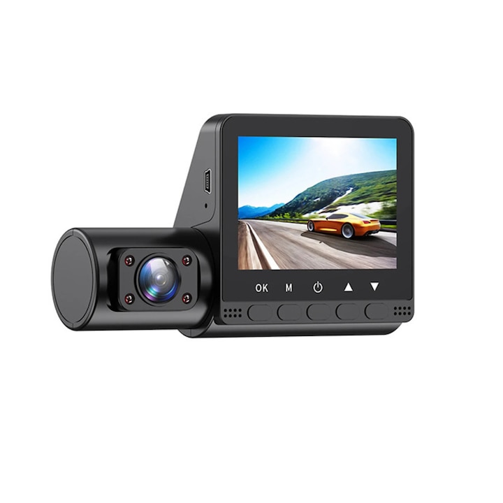 Автомобилна DVR камера, Full HD 1080P, 3 лещи, 170° ултра-широко зрително поле, 2.4" HD LCD дисплей, 5 MP камера, нощно виждане, троен запис, G-сензор, детекция на движение, Черен