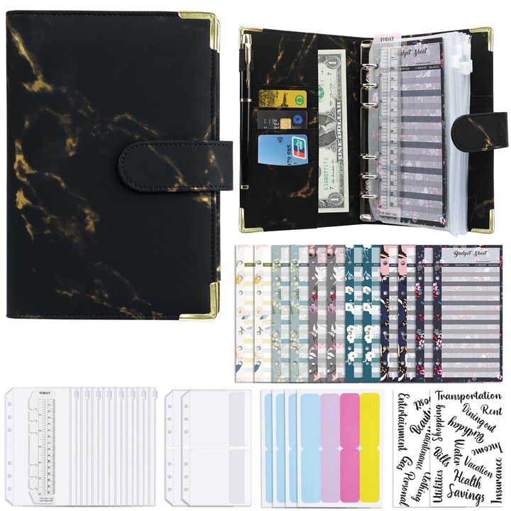 Set agenda planificator buget A6, GOGOU®, Imprimeu marmura, cu card de buget, geanta cu fermoar, eticheta autocolant, Negru