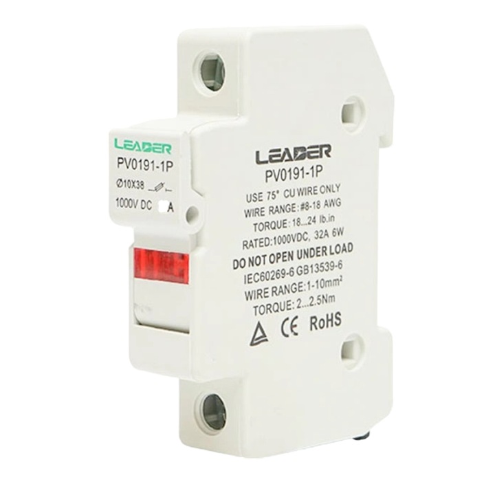 Soclu separator fuzibil, montabil pe sina DIN, pentru simpla siguranta dimensiune 10x38mm, tensiune nominala 1000V, pentru panouri solare fotovoltaice