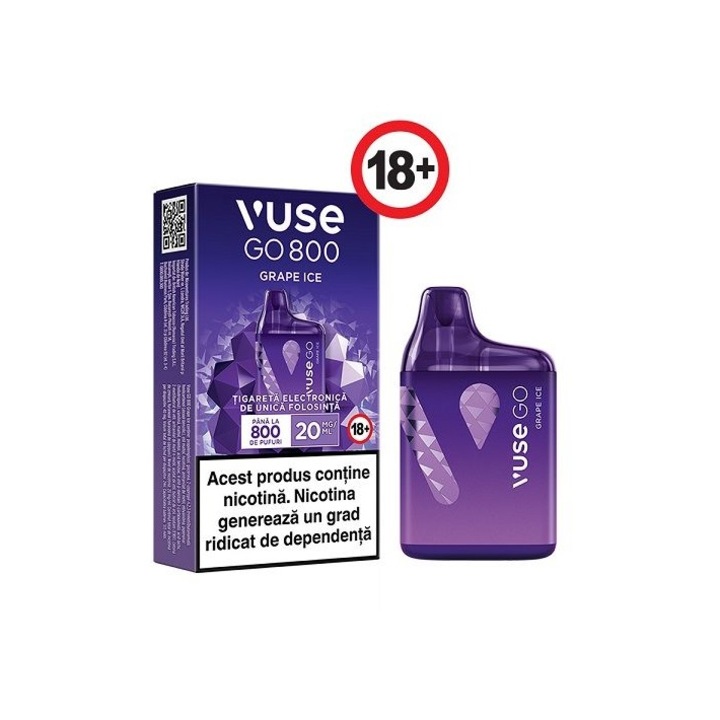 Tigara electronica de unica folosinta, Vuse GO 800 - Grape Ice, 2ml,  20mg/ml nicotina, autonomie pana la 800 pufuri
