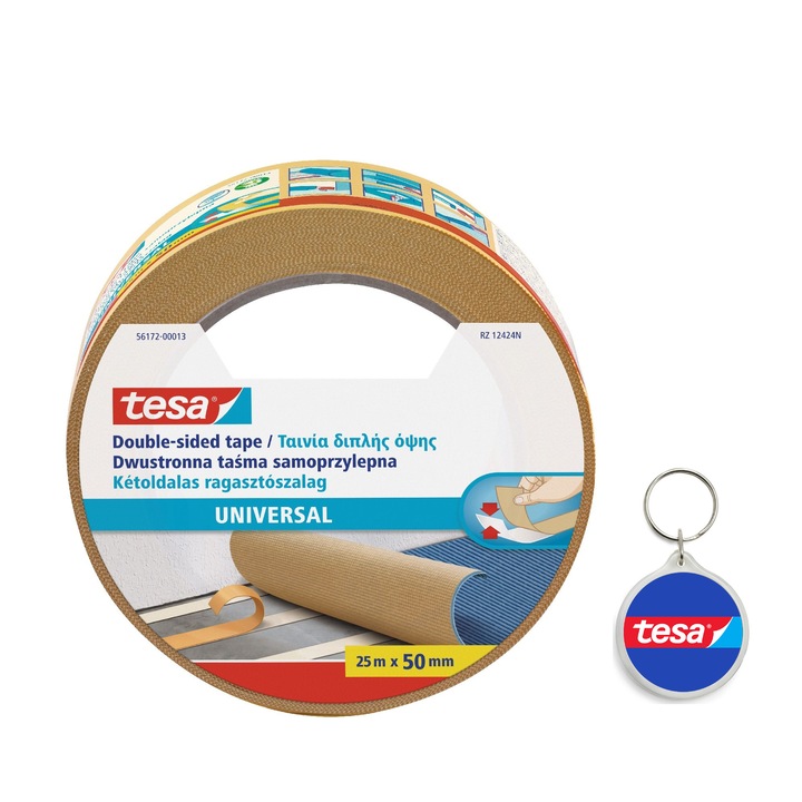Set banda dublu adeziva netesuta, 50 mm x 25 m si breloc Tesa, bej