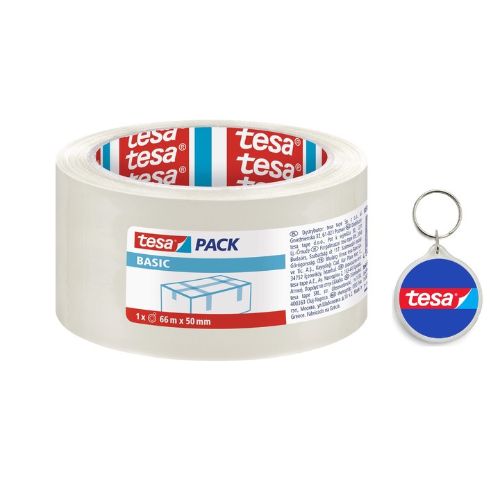 Set banda de ambalare Basic, 50 mm x 66 m si breloc Tesa, transparent