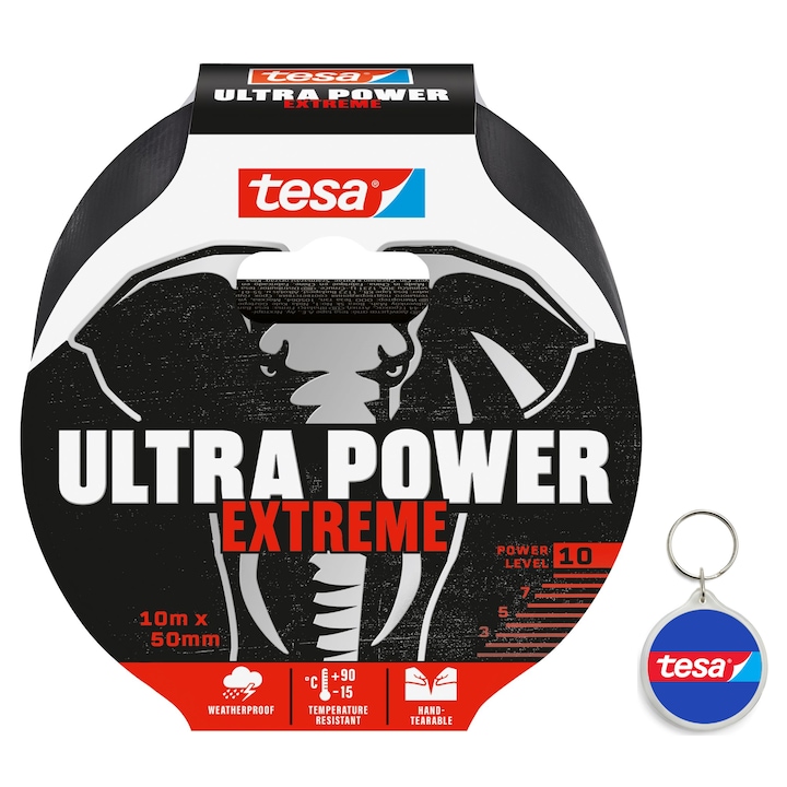 Set banda de reparare Ultra Power Extreme, 50 mm x 10 m si breloc Tesa, negru