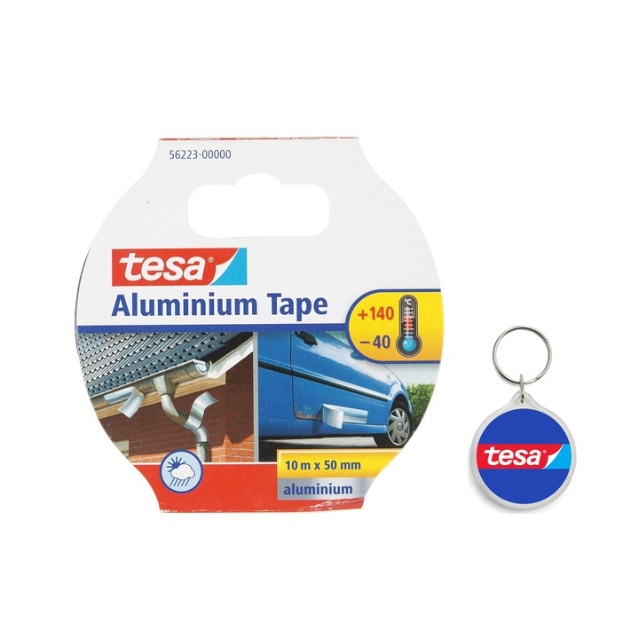 Set banda de reparare din aluminiu, 50 mm x 10 m si breloc Tesa, argintiu