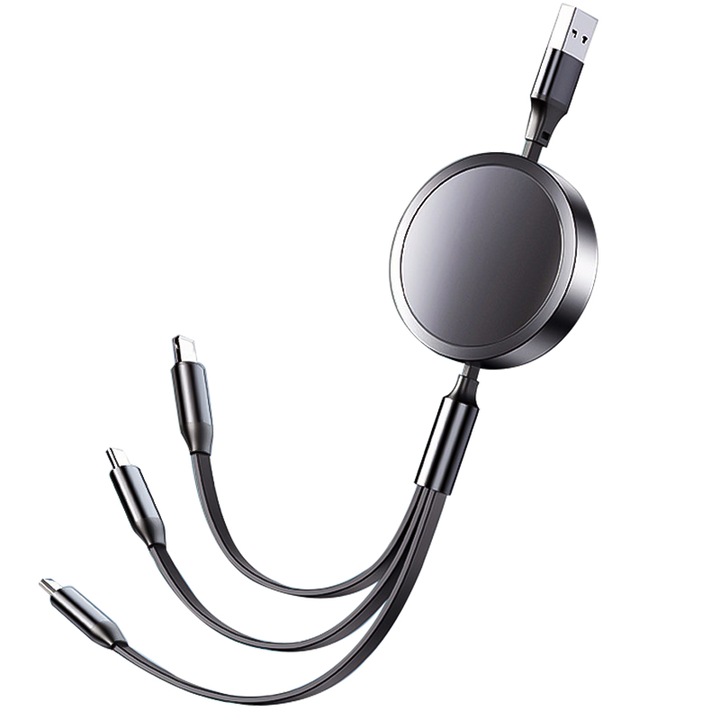 Cablu de incarcare/transfer rapid 3 in 1, Vaxiuja, 3A, Micro USB/USB-C/Lightning, retractabila, Gri