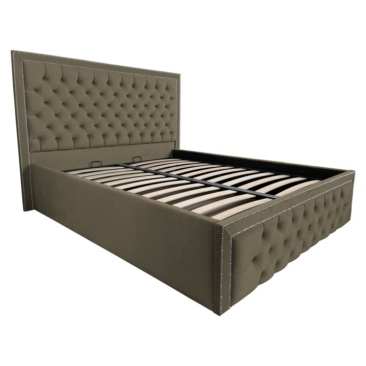 Pat tapitat Thomas, cu spatiu de depozitare si somiera rabatabila, maro, F05, 140x200 cm