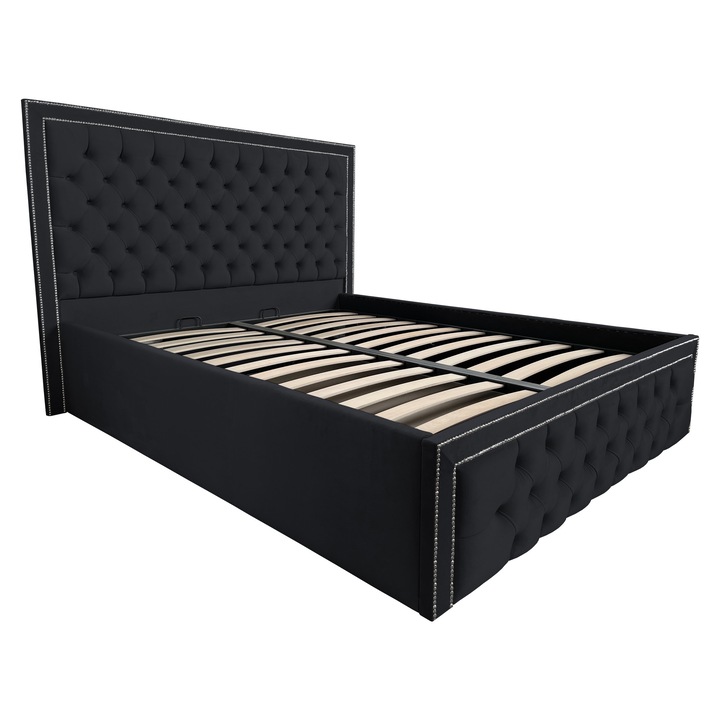 Pat tapitat Thomas, cu spatiu de depozitare si somiera rabatabila, negru, F26, 160x200 cm