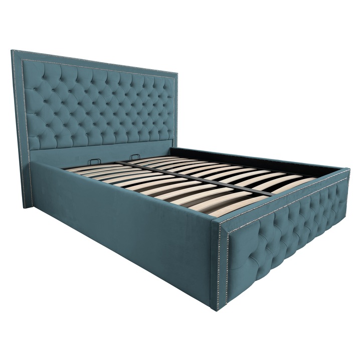 Pat tapitat Thomas, cu spatiu de depozitare si somiera rabatabila, verde marin, F10, 140x200 cm